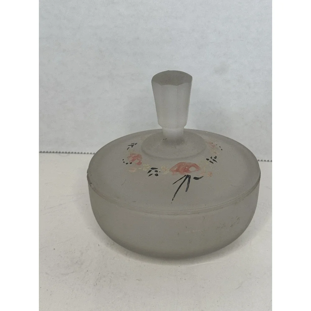 Vtg Hand Painted Frosted Satin Glass Powder Jar Trinket Box Floral Vanity